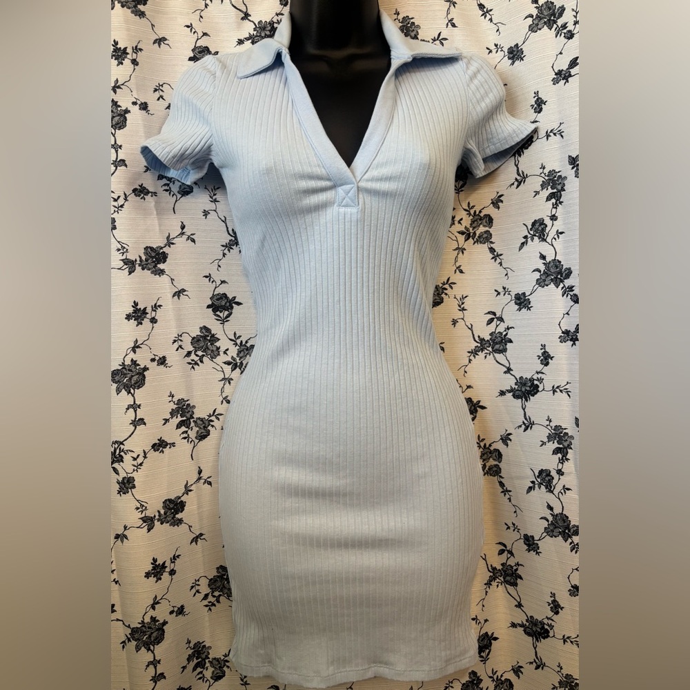 Light Blue Ribbed V-Neck Dress